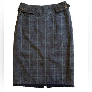 RW & CO gray pencil skirt black lace subtle black burgundy and white plaid